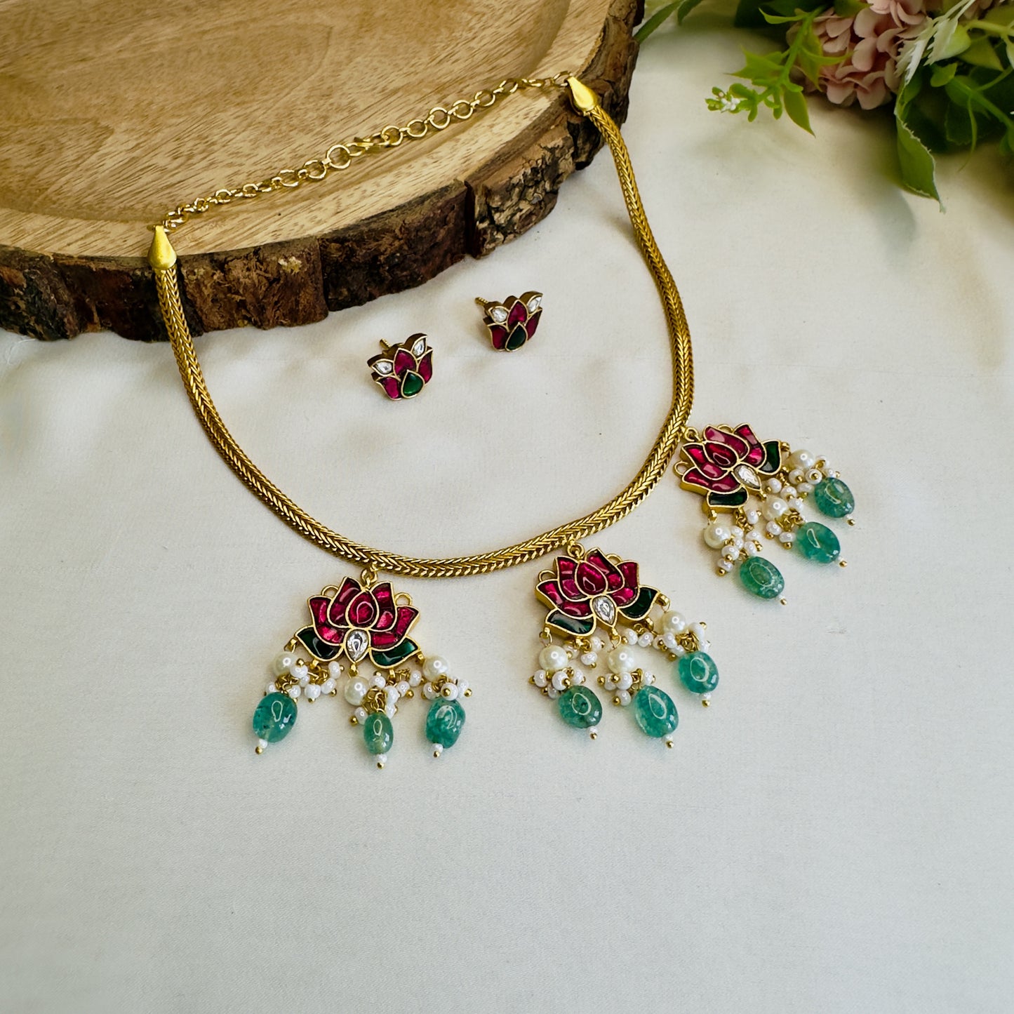 Three Lotus Jadau Necklace Set