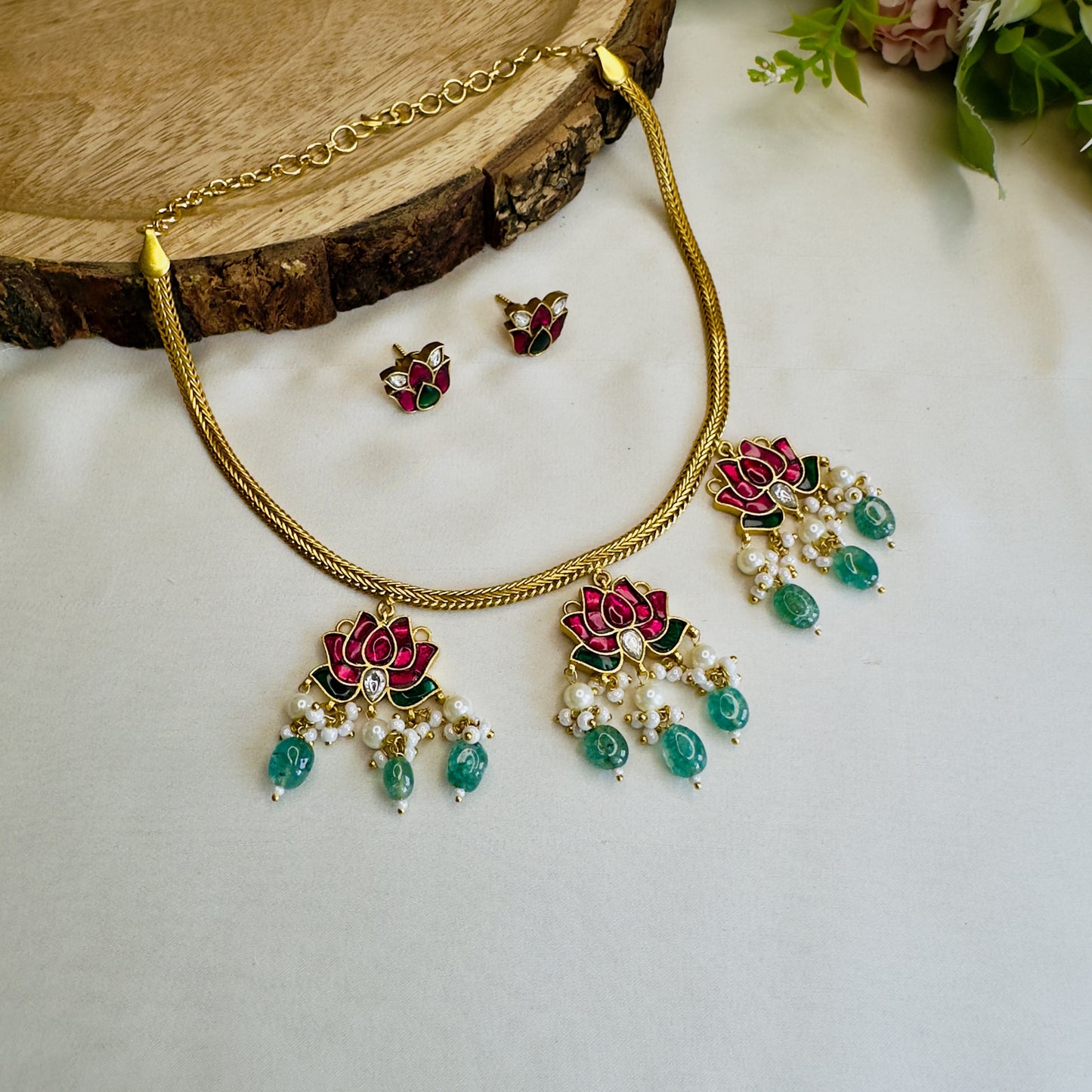 Three Lotus Jadau Necklace Set