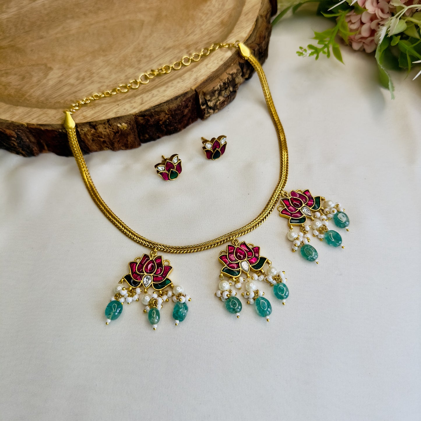 Three Lotus Jadau Necklace Set