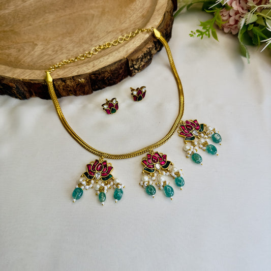 Three Lotus Jadau Necklace Set