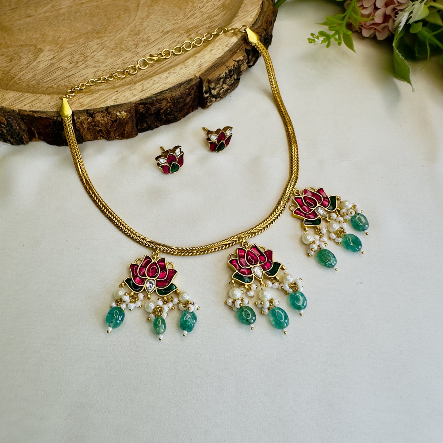 Three Lotus Jadau Necklace Set