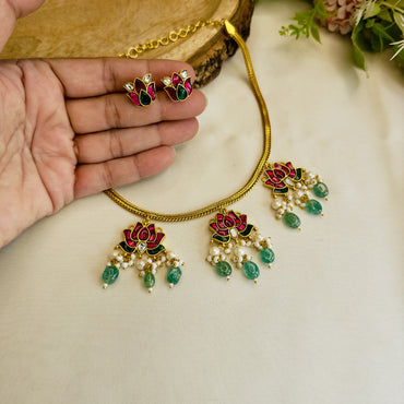 Three Lotus Jadau Necklace Set
