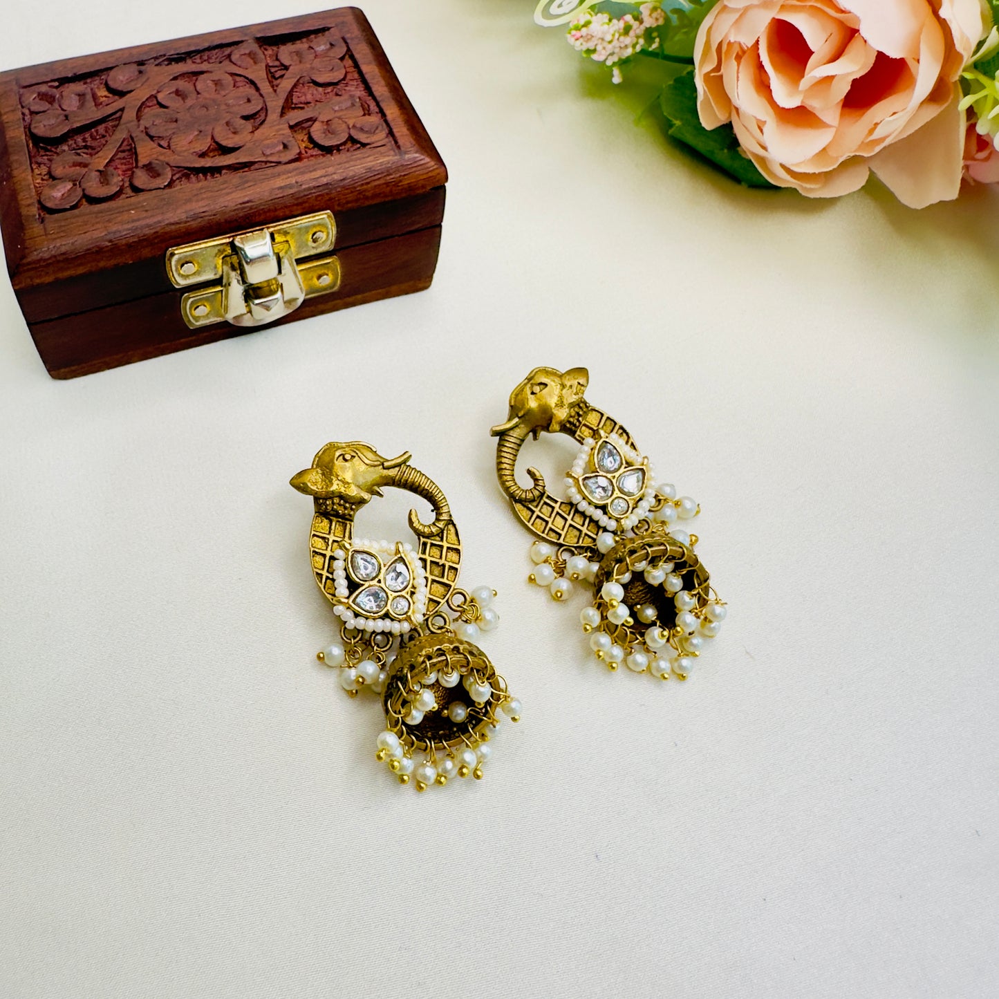 Elephant Motif Pachi Kundan Apala Polish Jhumki Earrings