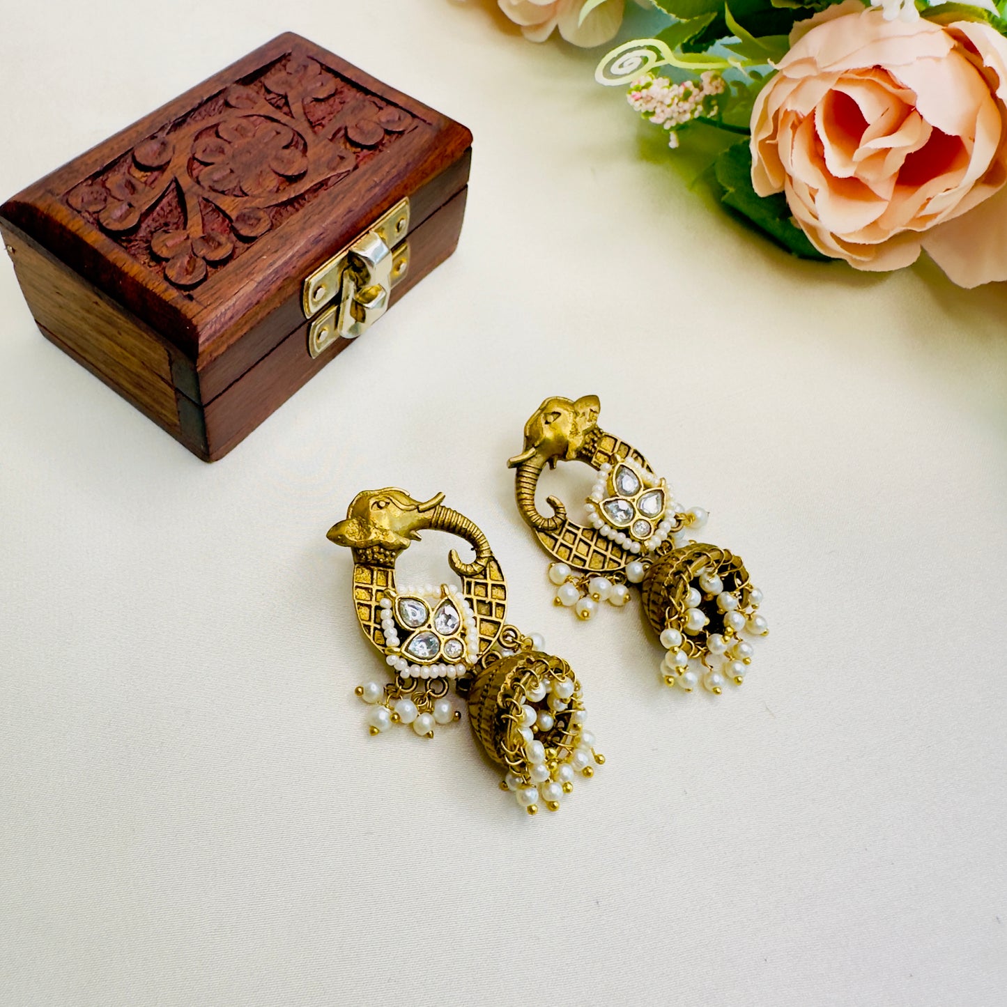 Elephant Motif Pachi Kundan Apala Polish Jhumki Earrings
