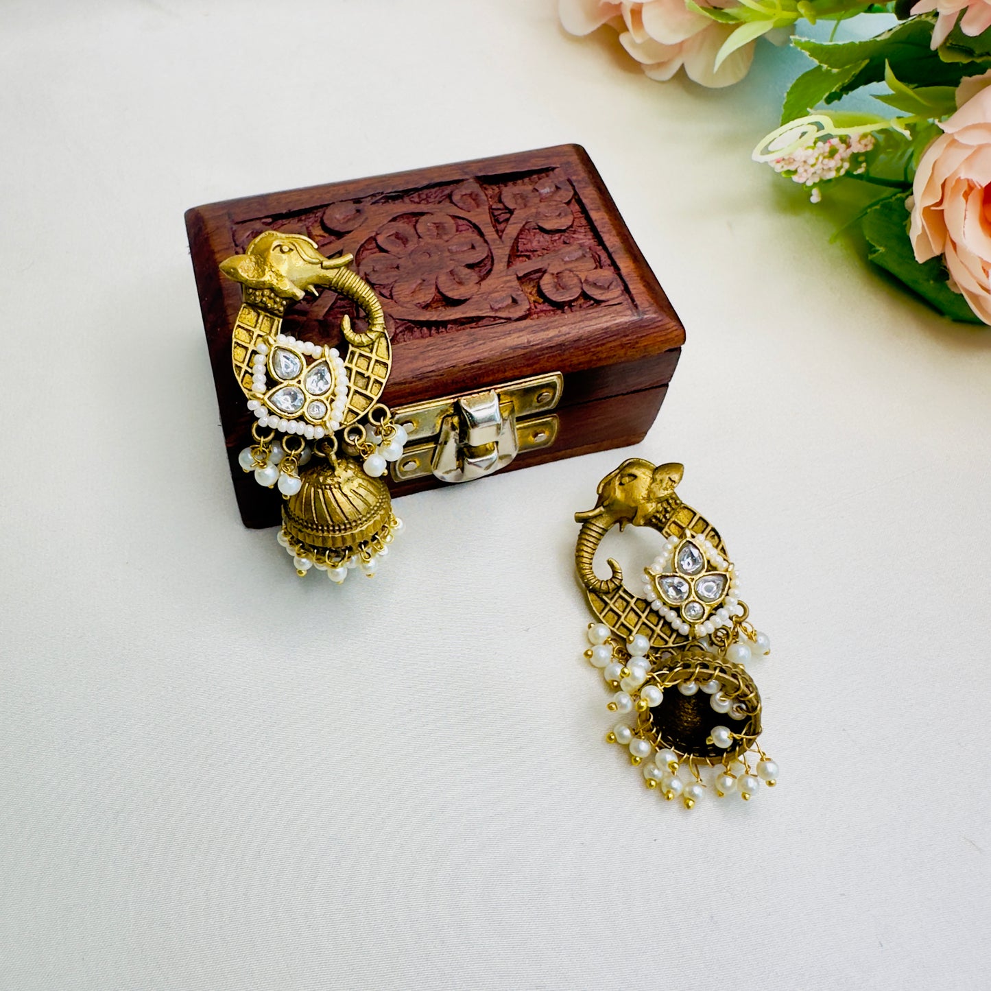 Elephant Motif Pachi Kundan Apala Polish Jhumki Earrings