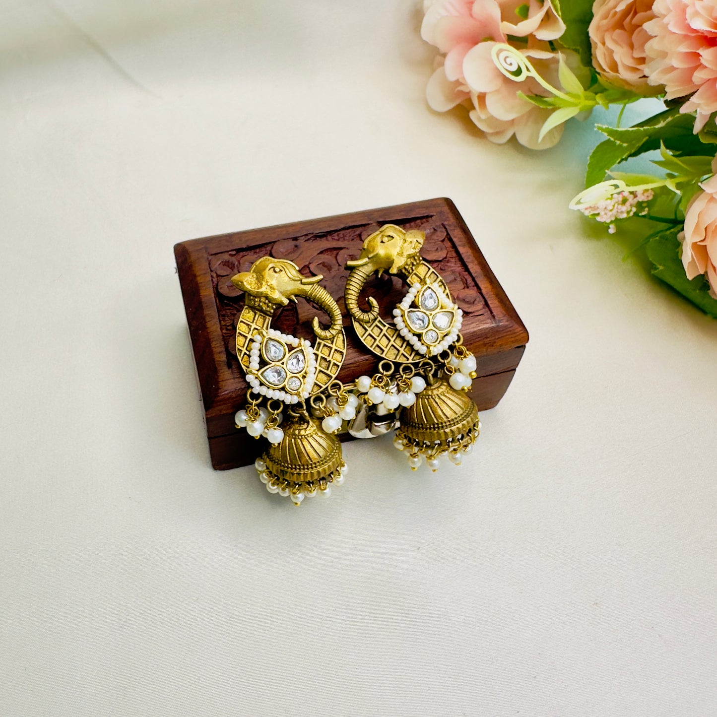 Elephant Motif Pachi Kundan Apala Polish Jhumki Earrings