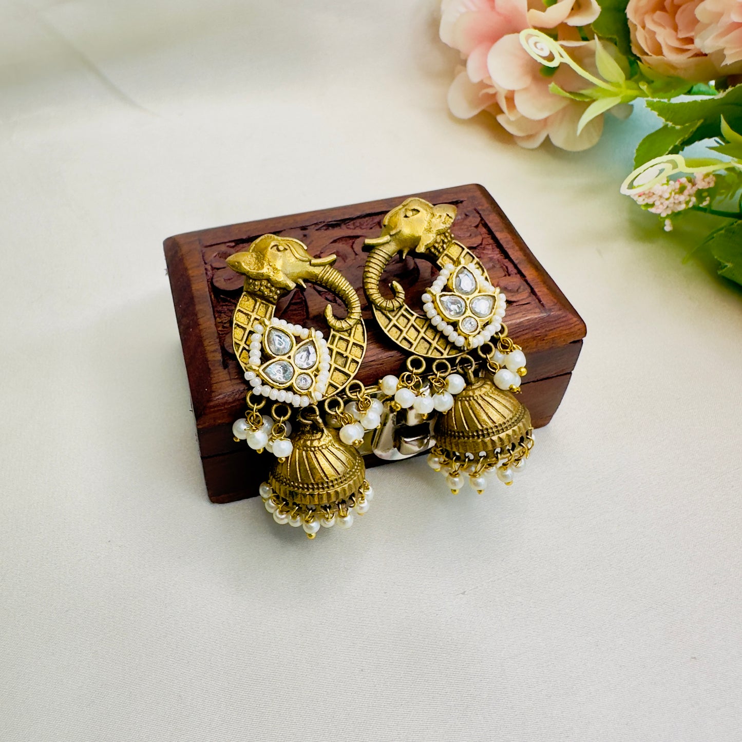 Elephant Motif Pachi Kundan Apala Polish Jhumki Earrings