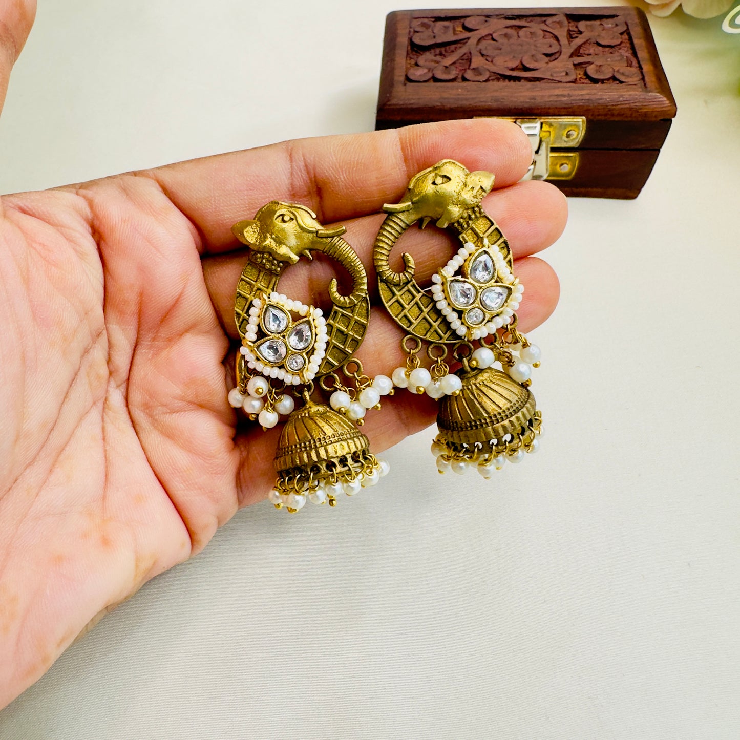 Elephant Motif Pachi Kundan Apala Polish Jhumki Earrings