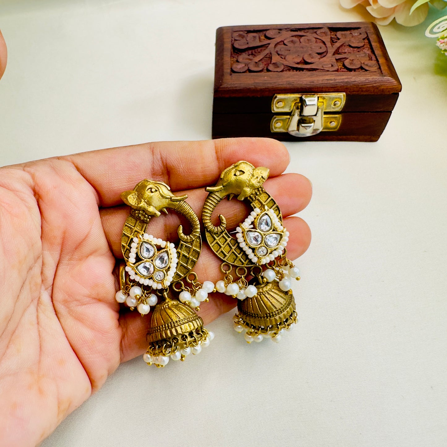 Elephant Motif Pachi Kundan Apala Polish Jhumki Earrings