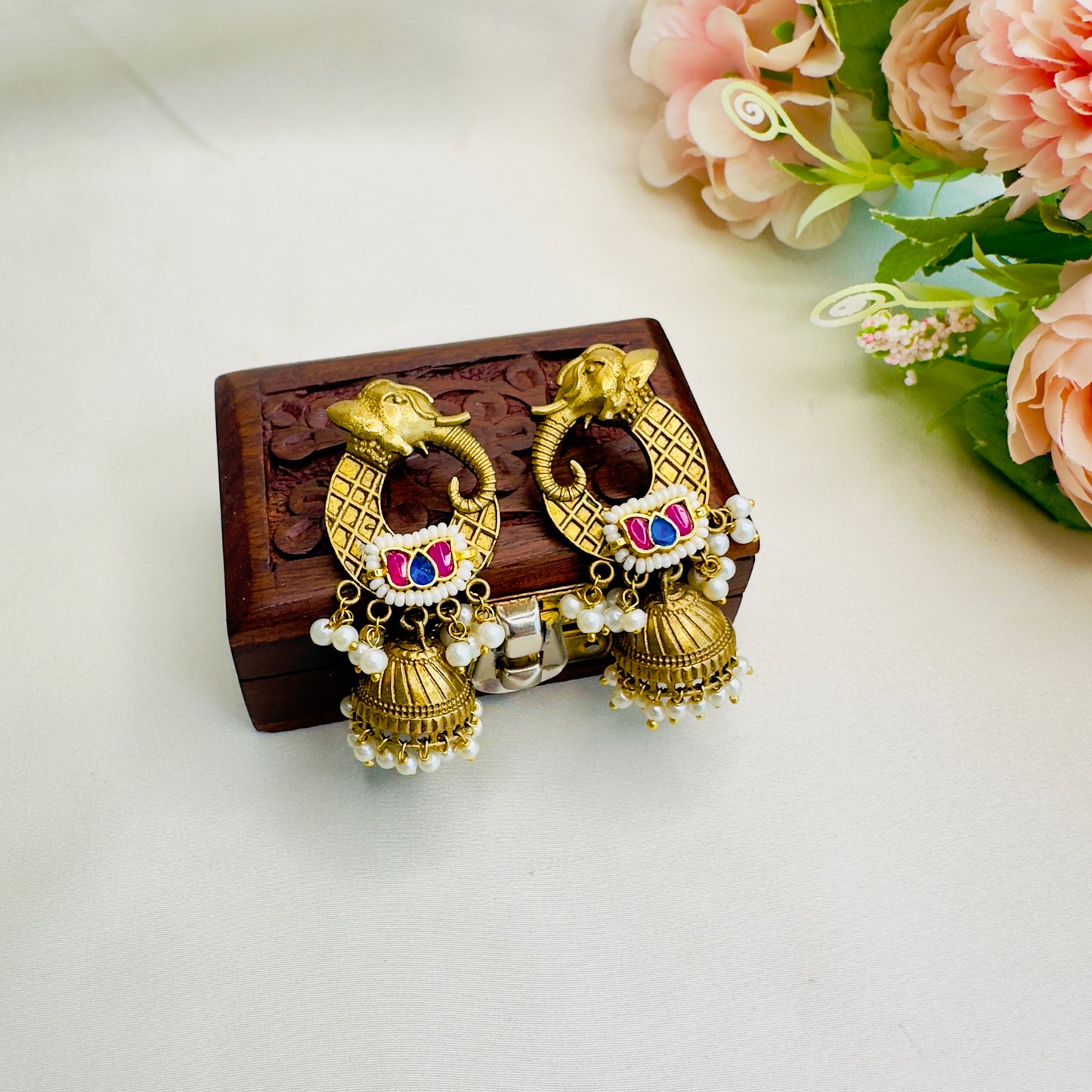 Elephant Motif Pachi Kundan Apala Polish Jhumki Earrings