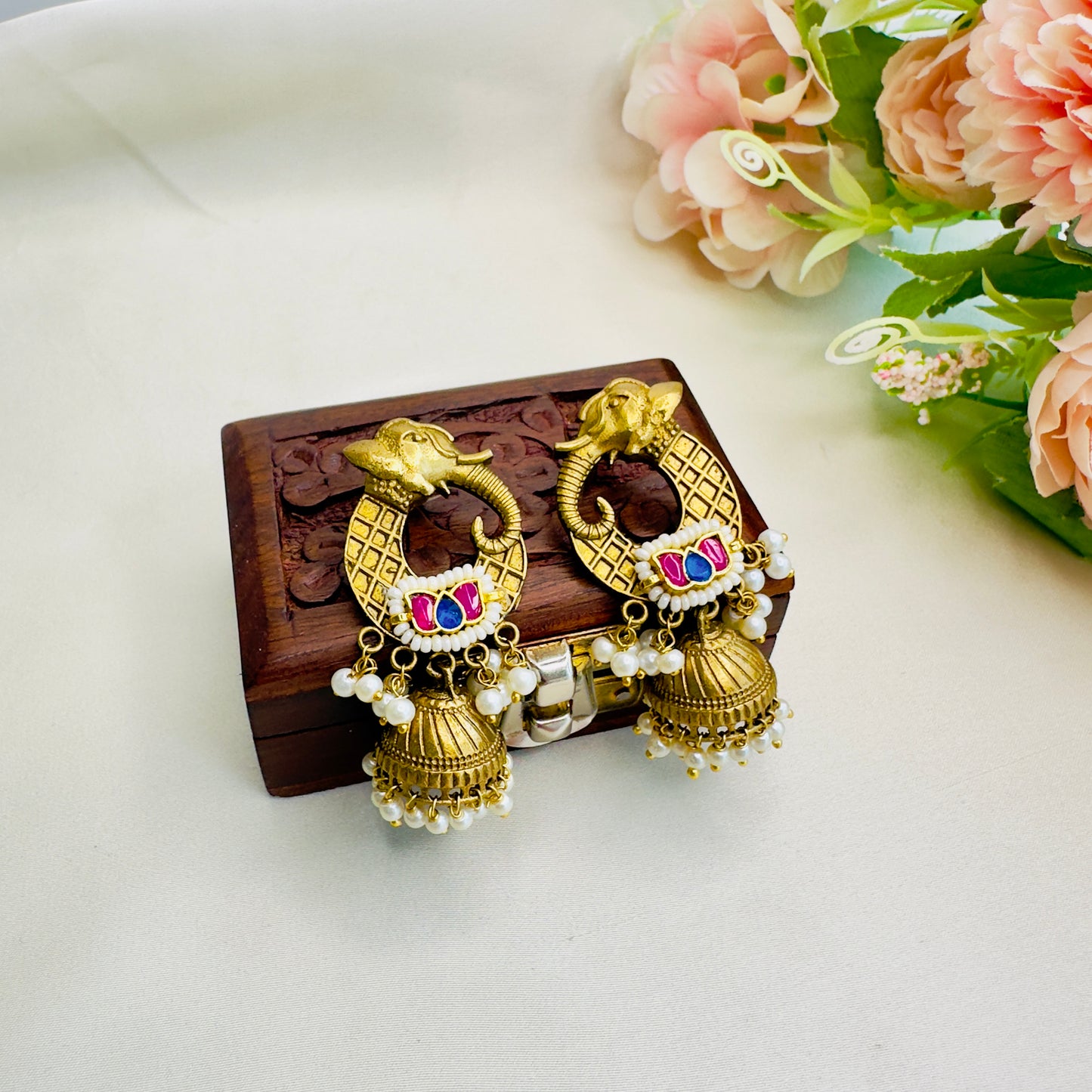 Elephant Motif Pachi Kundan Apala Polish Jhumki Earrings