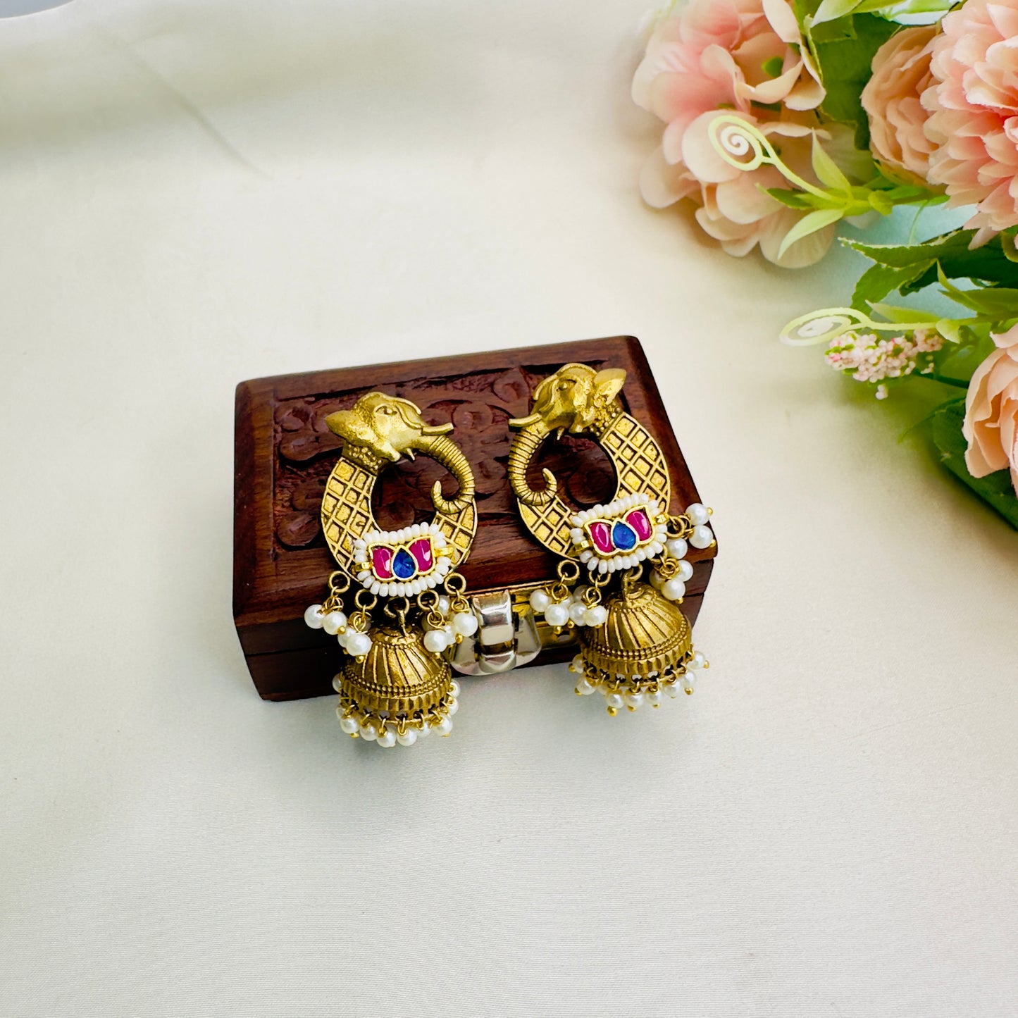 Elephant Motif Pachi Kundan Apala Polish Jhumki Earrings