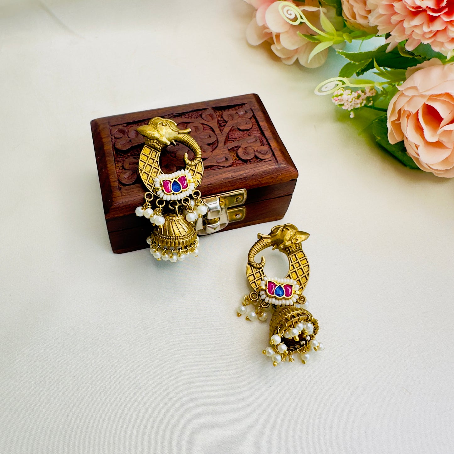 Elephant Motif Pachi Kundan Apala Polish Jhumki Earrings