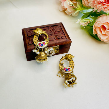 Elephant Motif Pachi Kundan Apala Polish Jhumki Earrings