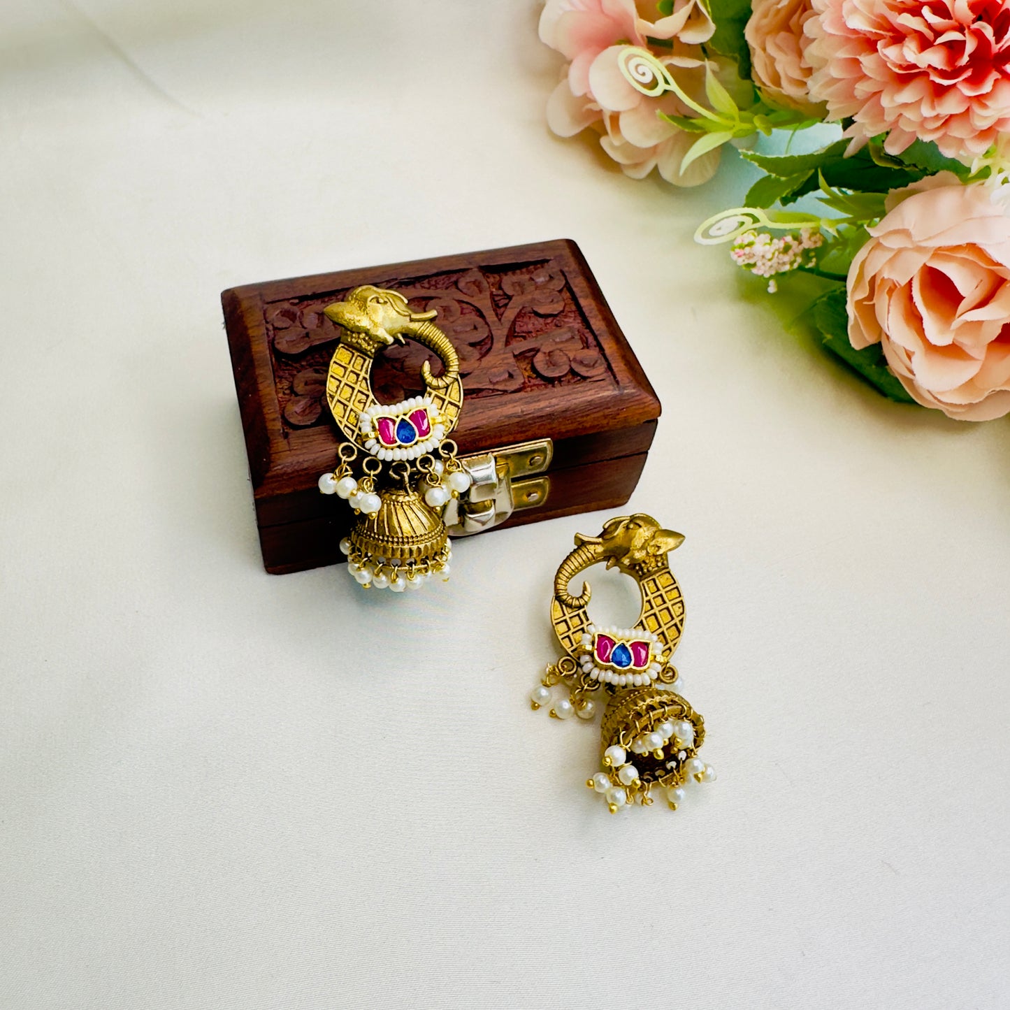 Elephant Motif Pachi Kundan Apala Polish Jhumki Earrings