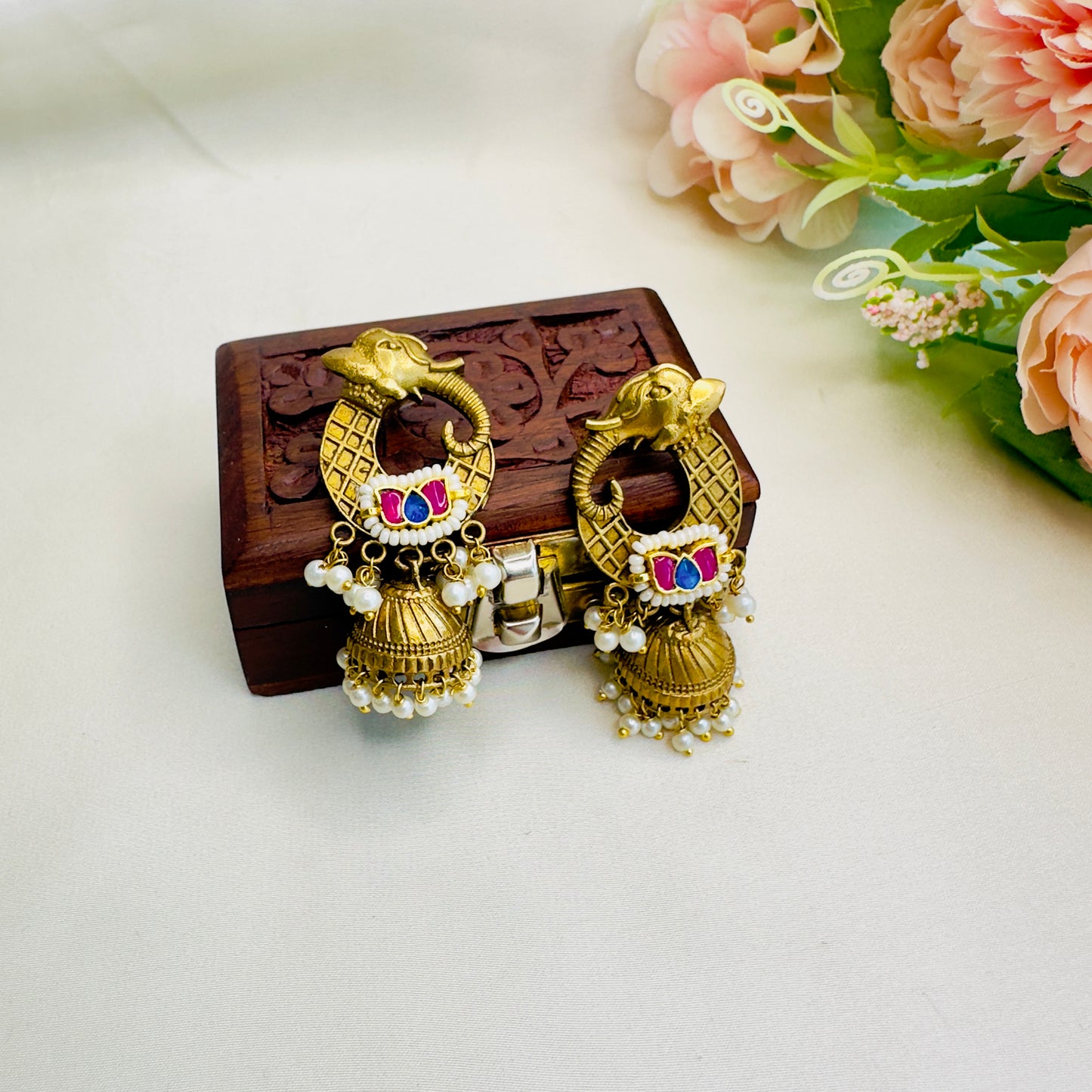 Elephant Motif Pachi Kundan Apala Polish Jhumki Earrings