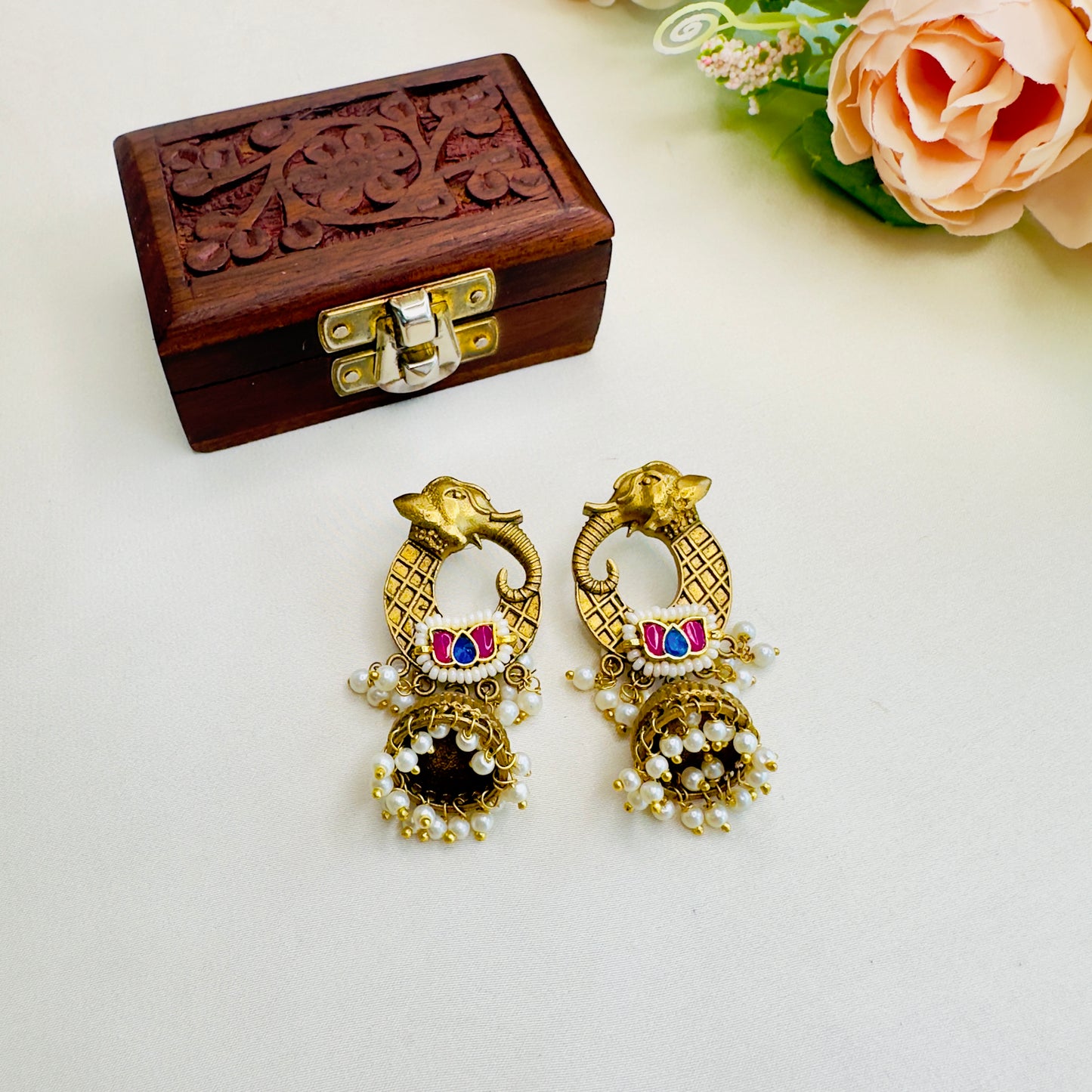 Elephant Motif Pachi Kundan Apala Polish Jhumki Earrings
