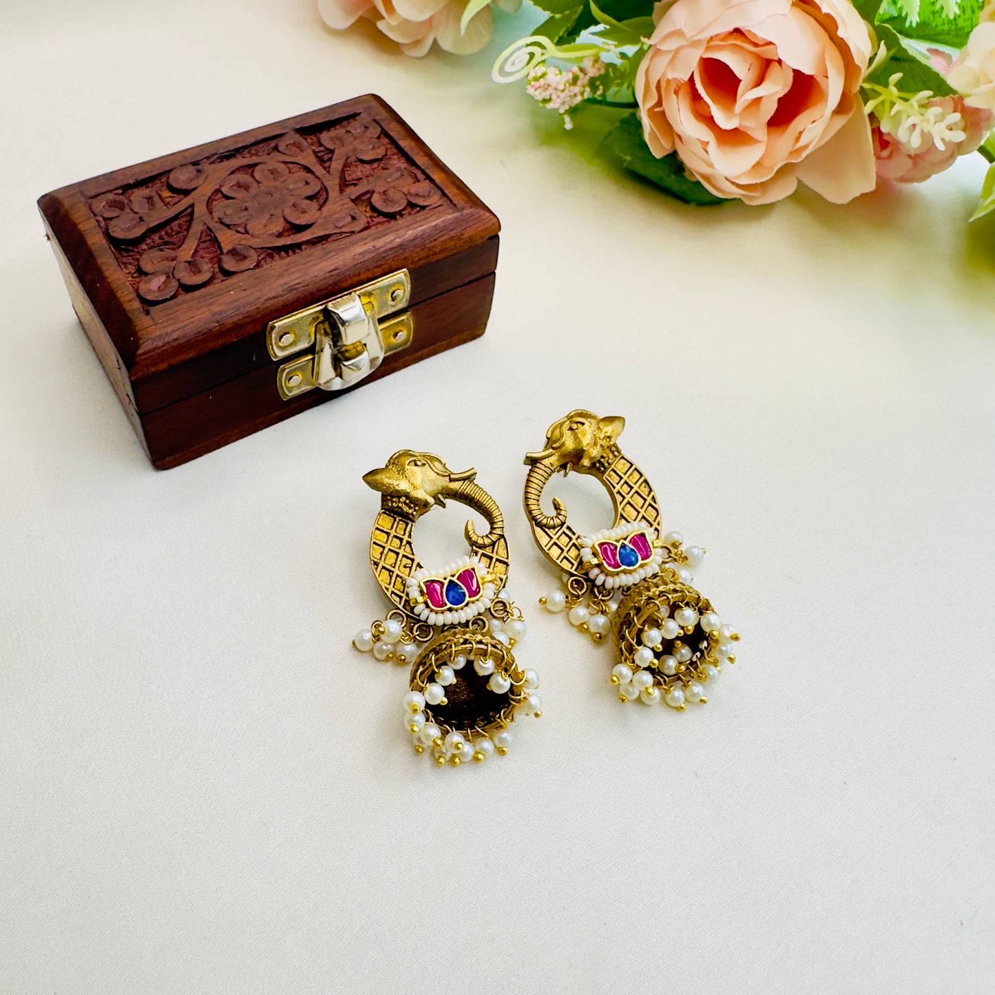 Elephant Motif Pachi Kundan Apala Polish Jhumki Earrings