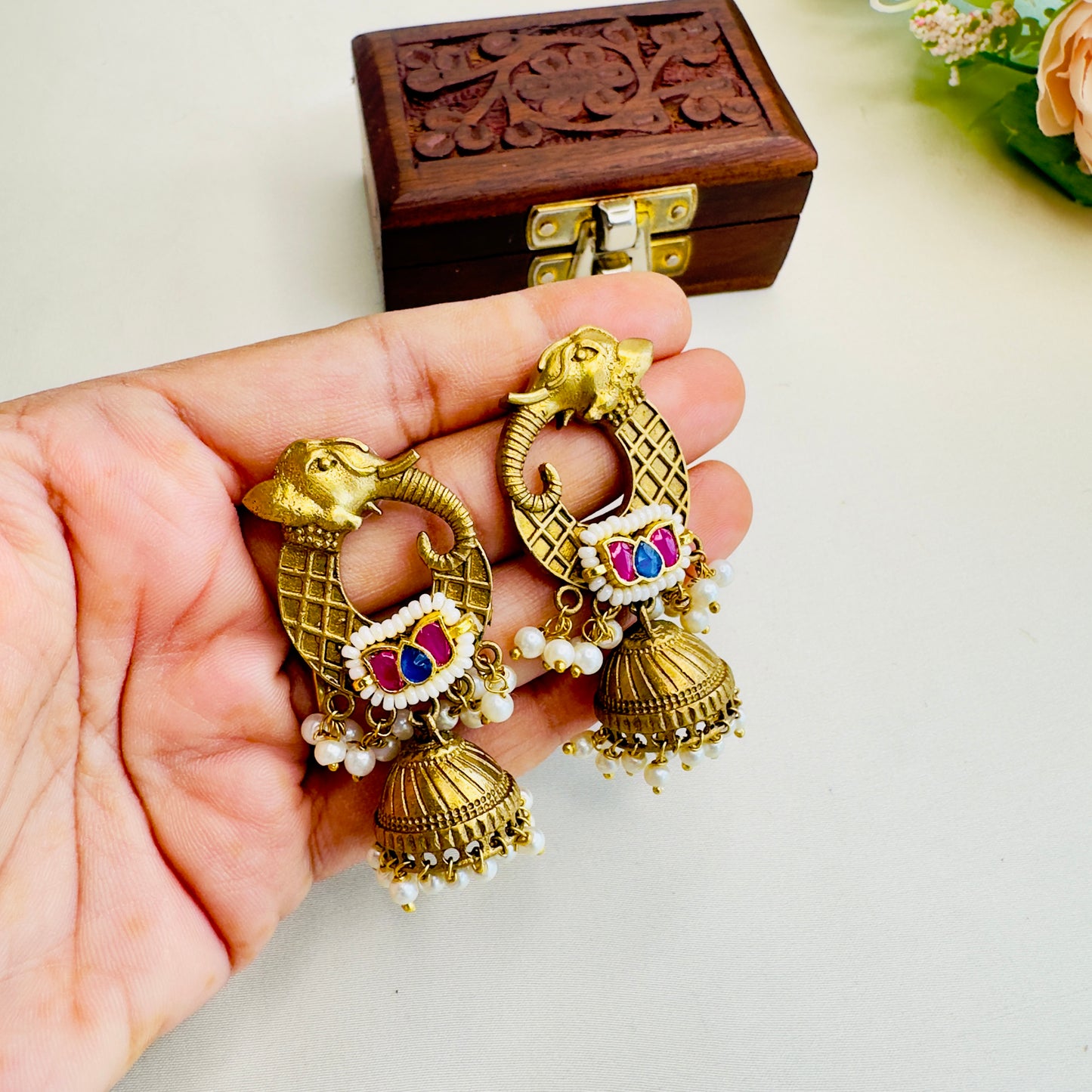 Elephant Motif Pachi Kundan Apala Polish Jhumki Earrings