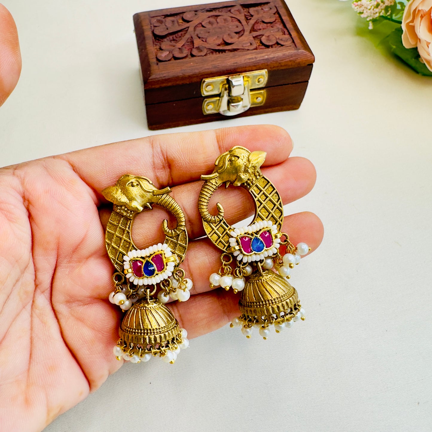 Elephant Motif Pachi Kundan Apala Polish Jhumki Earrings
