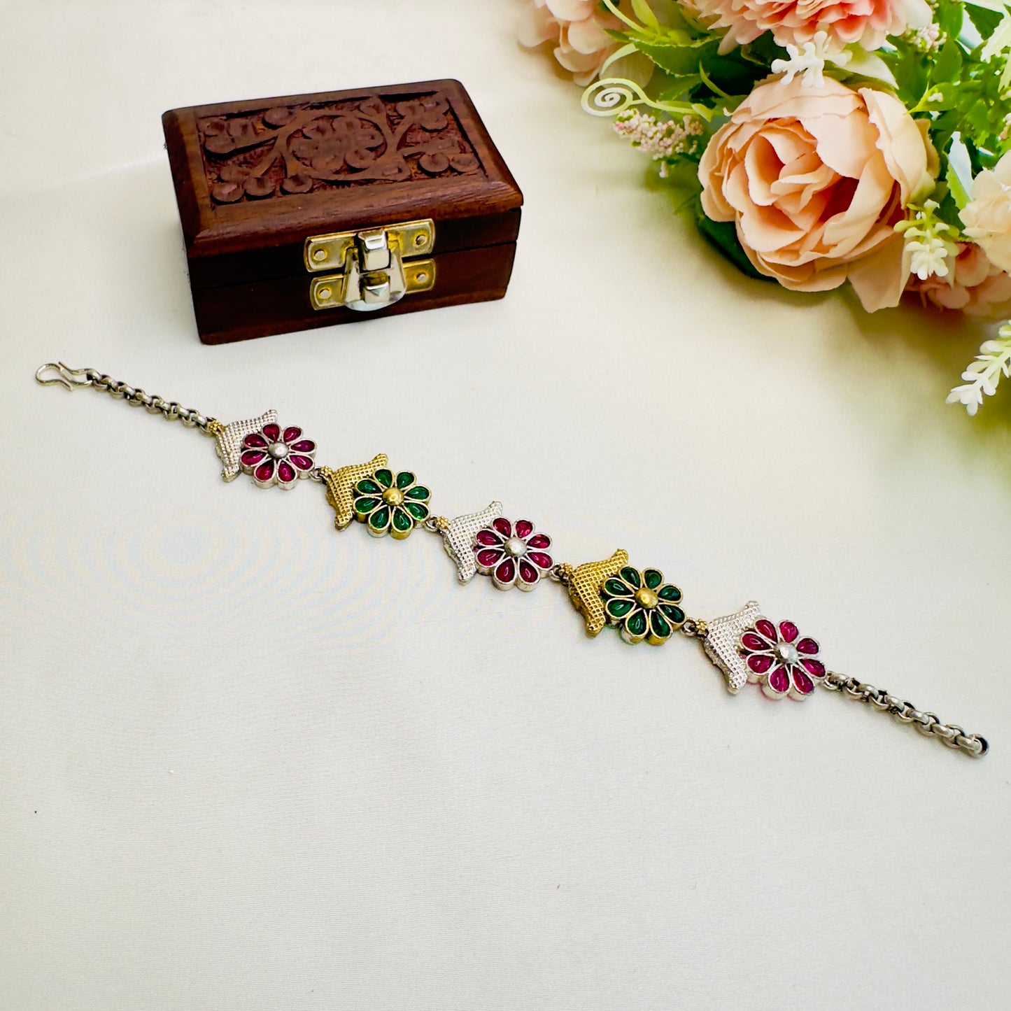 Red Green Flower Design Silver Replica Bracelet