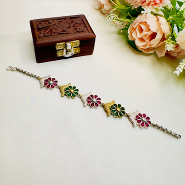 Red Green Flower Design Silver Replica Bracelet