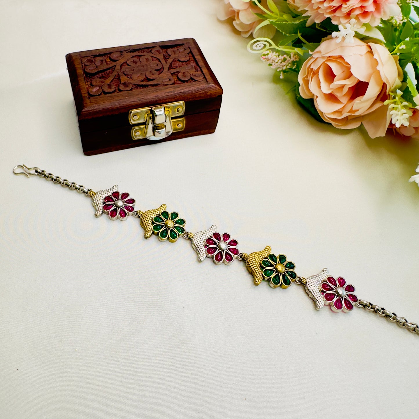 Red Green Flower Design Silver Replica Bracelet