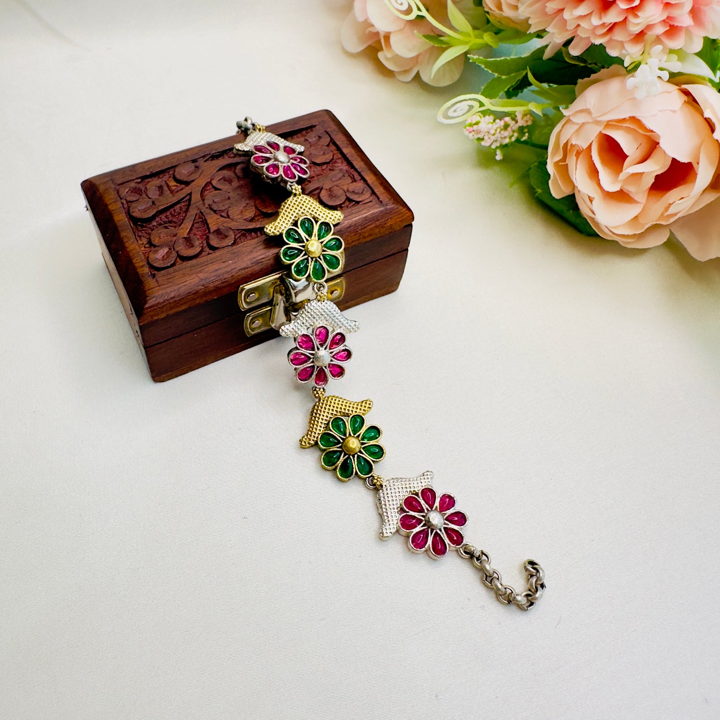 Red Green Flower Design Silver Replica Bracelet