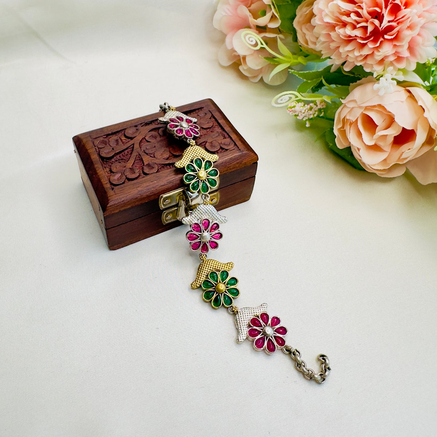 Red Green Flower Design Silver Replica Bracelet