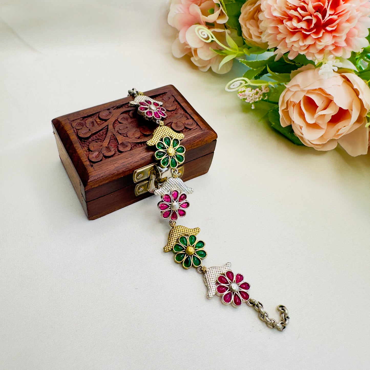Red Green Flower Design Silver Replica Bracelet
