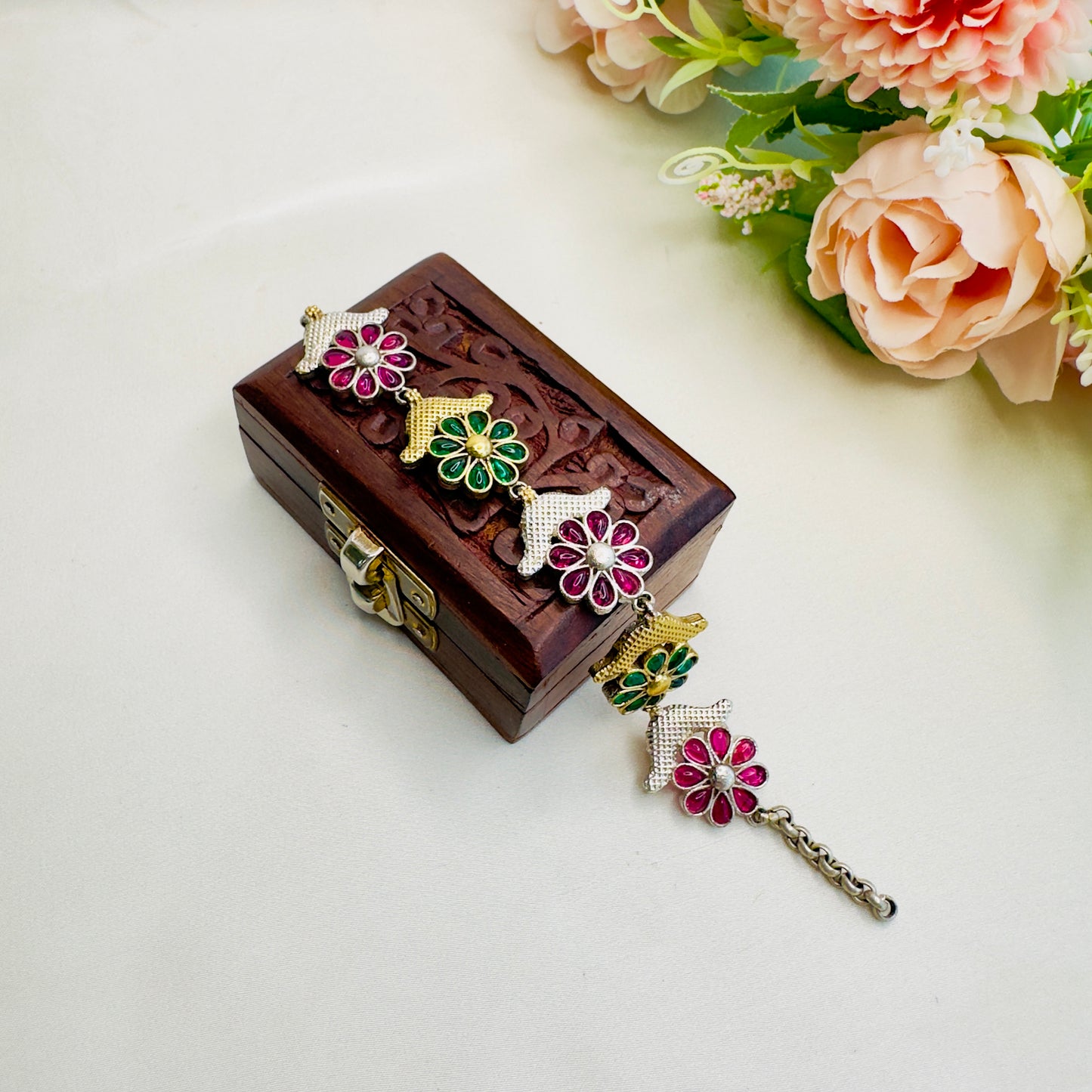 Red Green Flower Design Silver Replica Bracelet