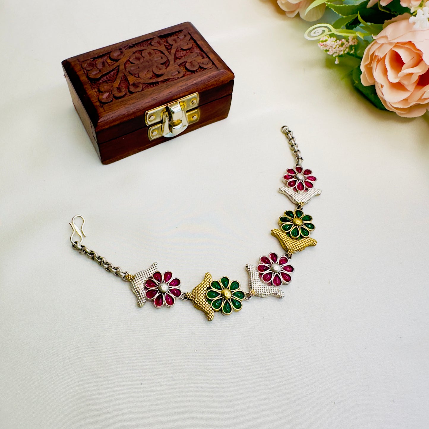 Red Green Flower Design Silver Replica Bracelet