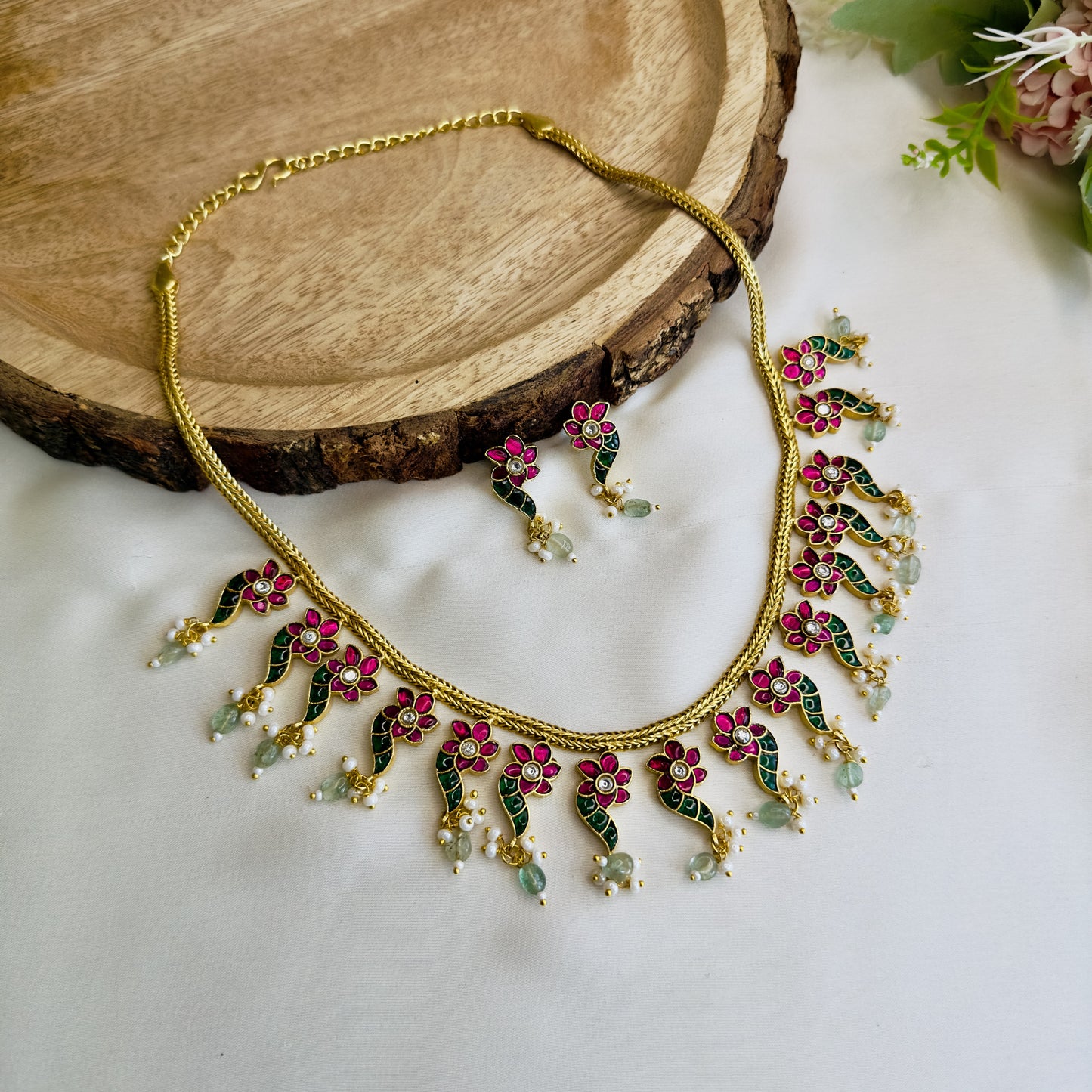 Jadau Ruby Green Necklace Set