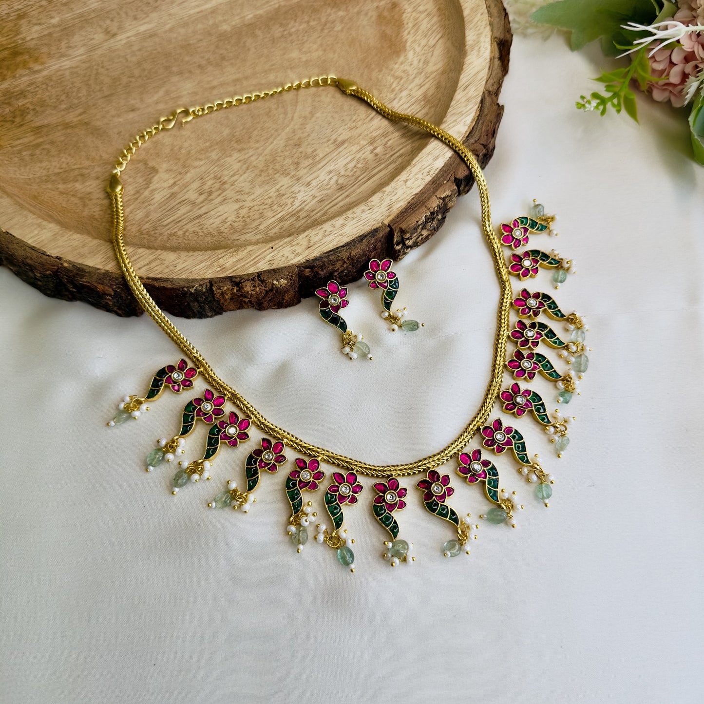 Jadau Ruby Green Necklace Set