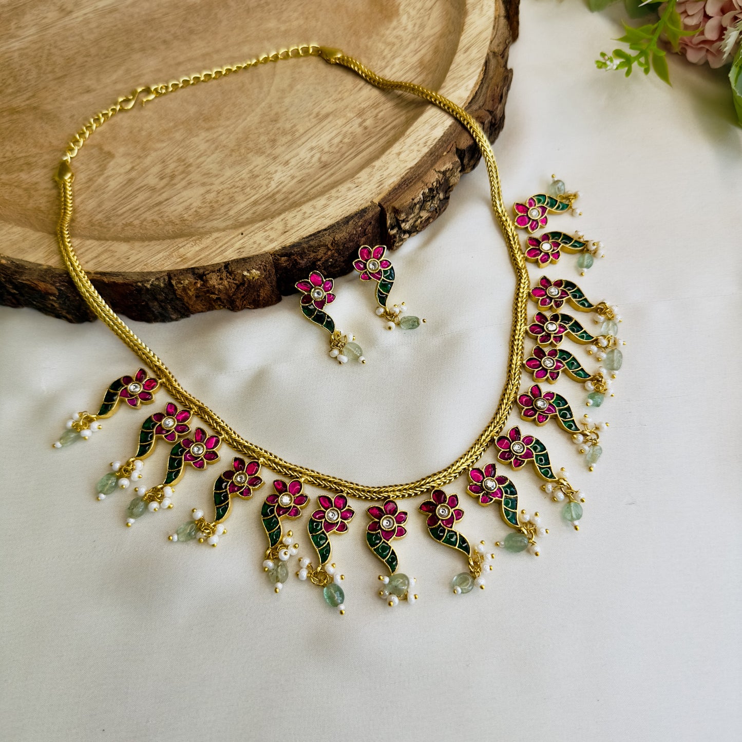 Jadau Ruby Green Necklace Set