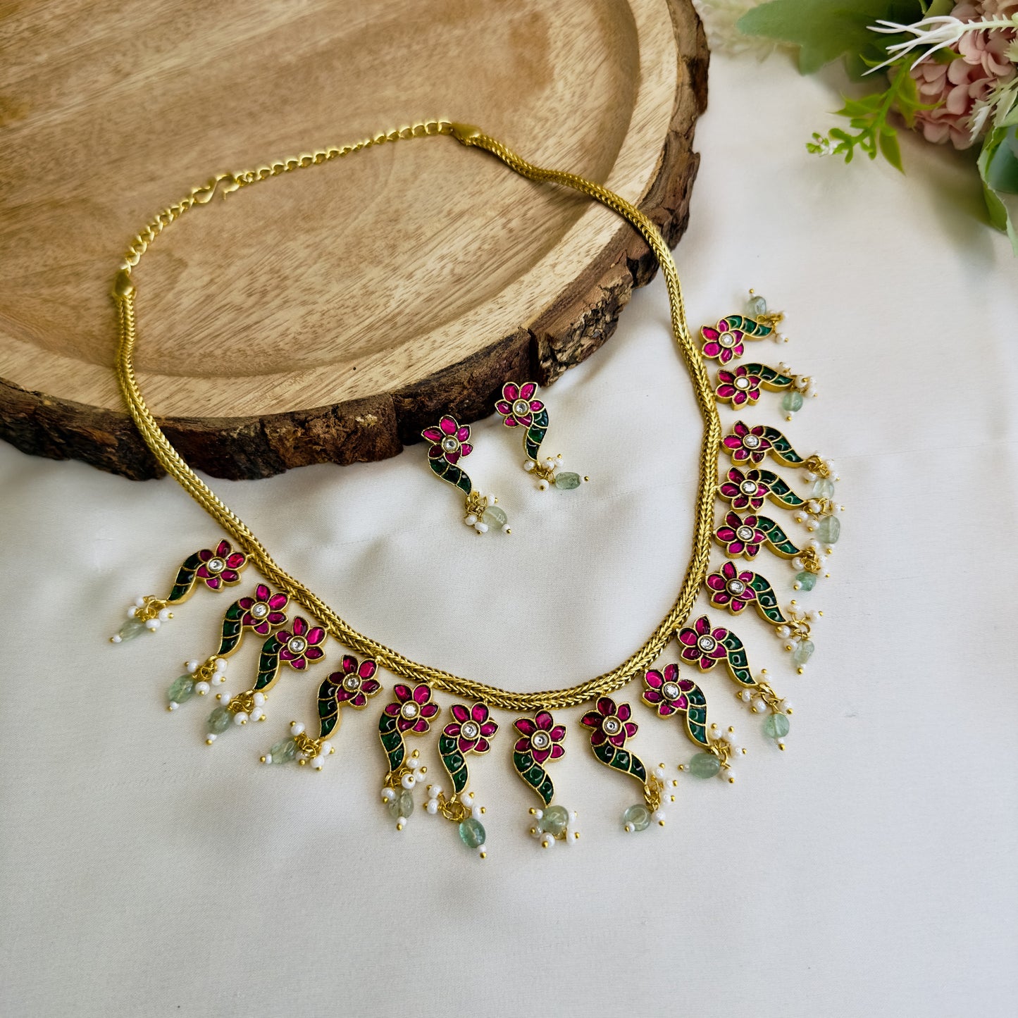 Jadau Ruby Green Necklace Set
