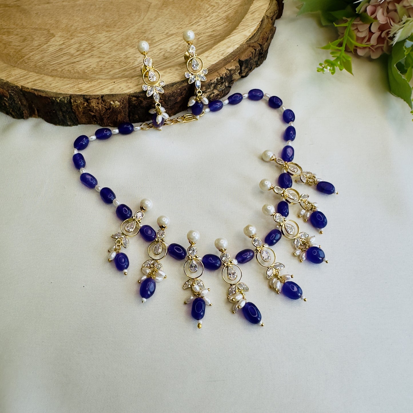 Purple Beads Polki Necklace Set