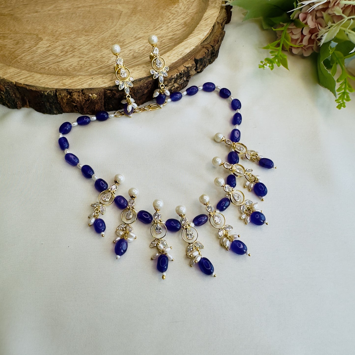 Purple Beads Polki Necklace Set