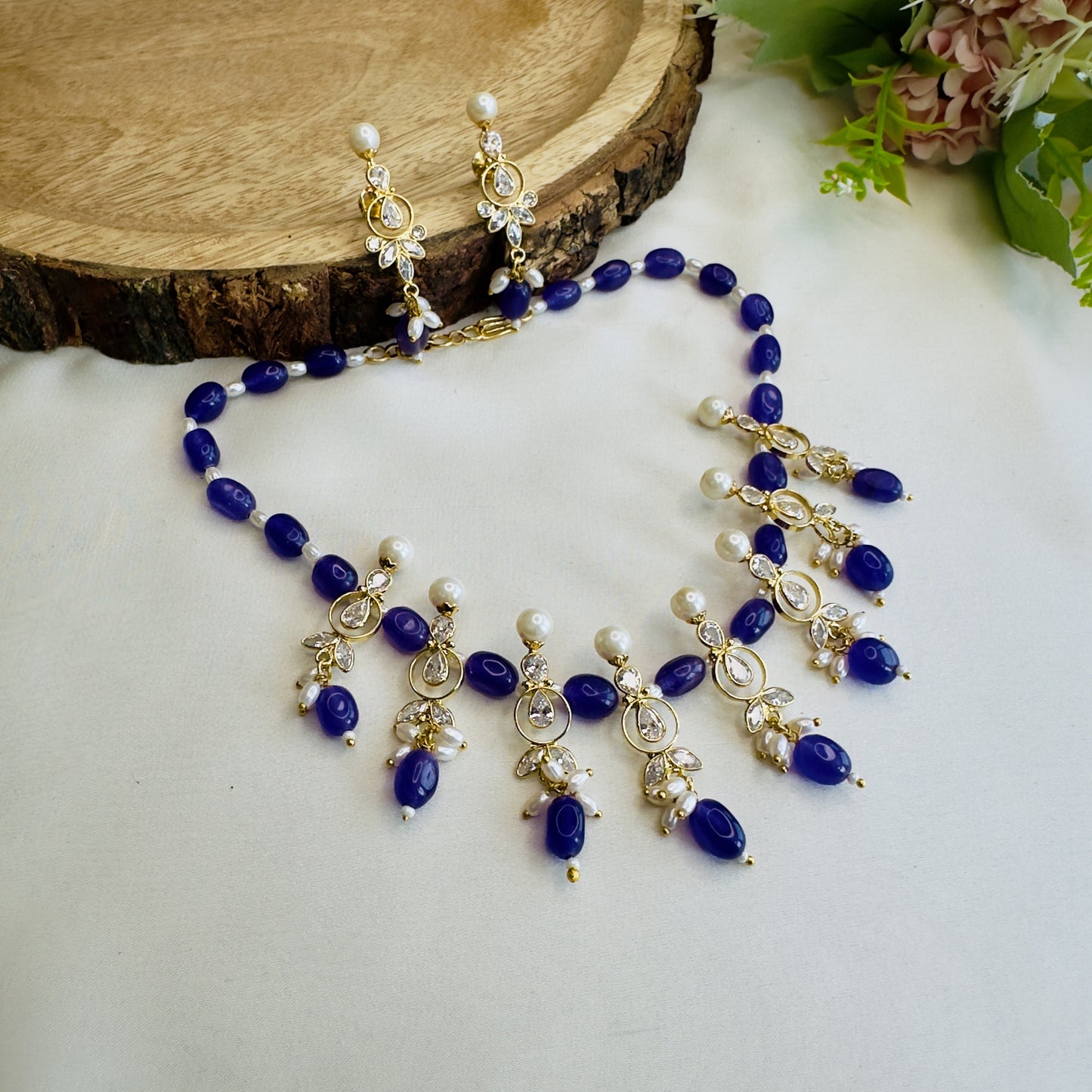 Purple Beads Polki Necklace Set