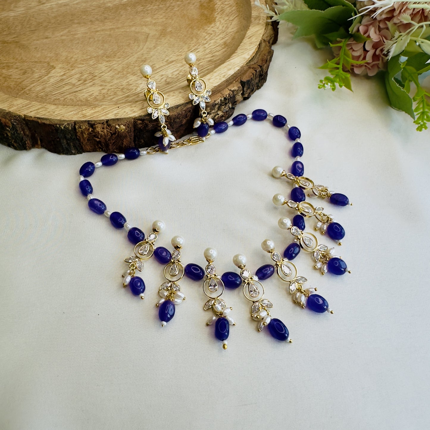 Purple Beads Polki Necklace Set