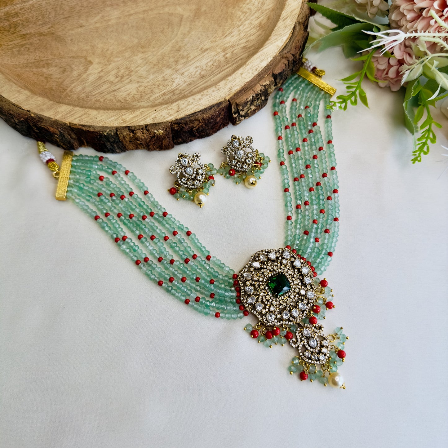 Mint Green Coral Beads Choker Set