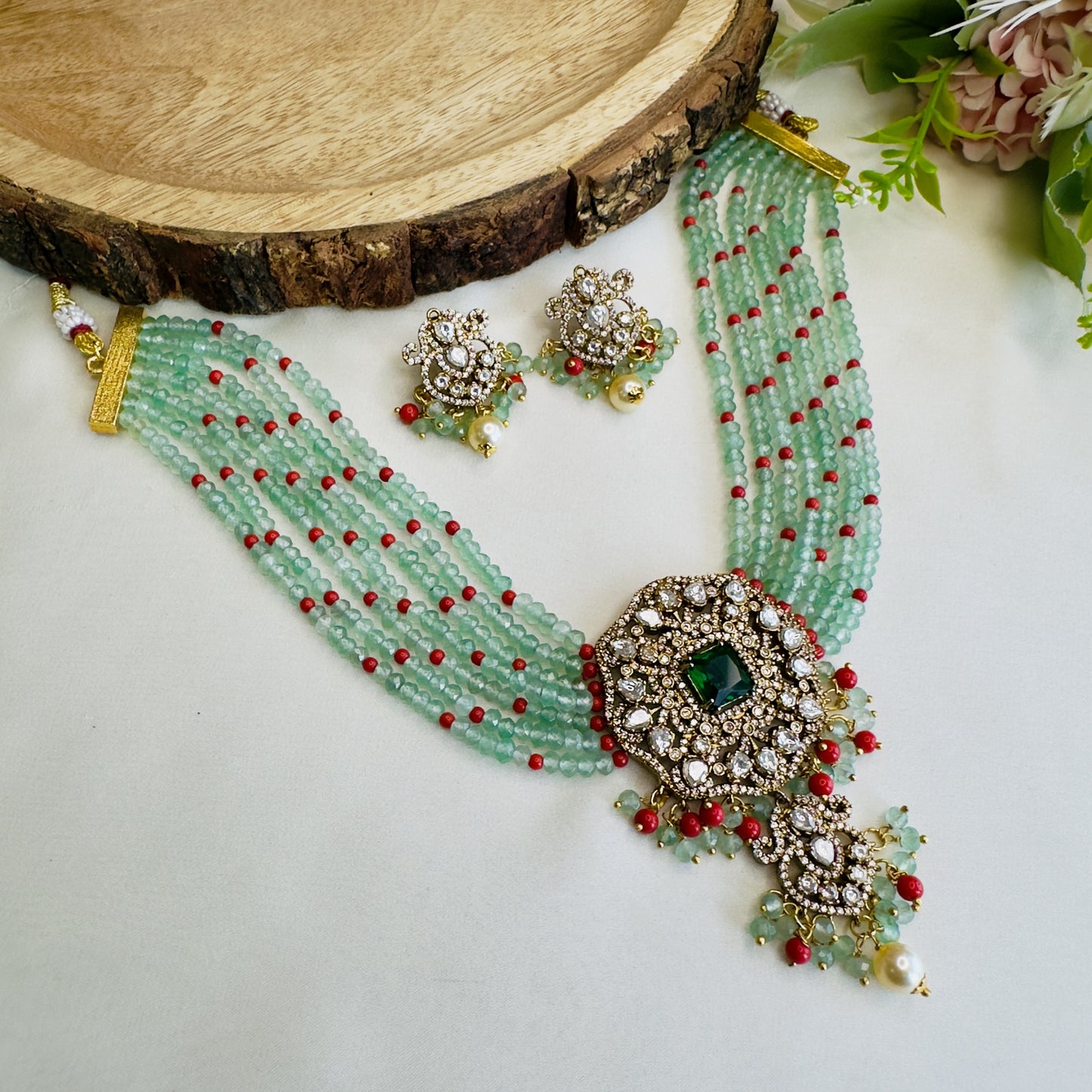 Mint Green Coral Beads Choker Set