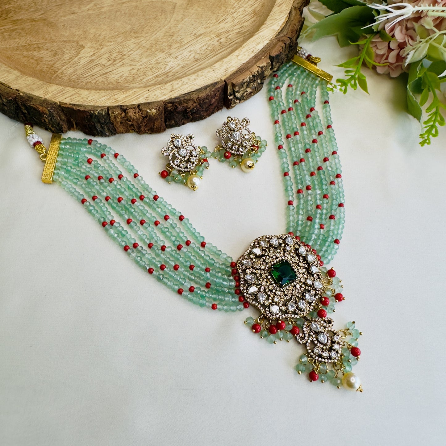 Mint Green Coral Beads Choker Set