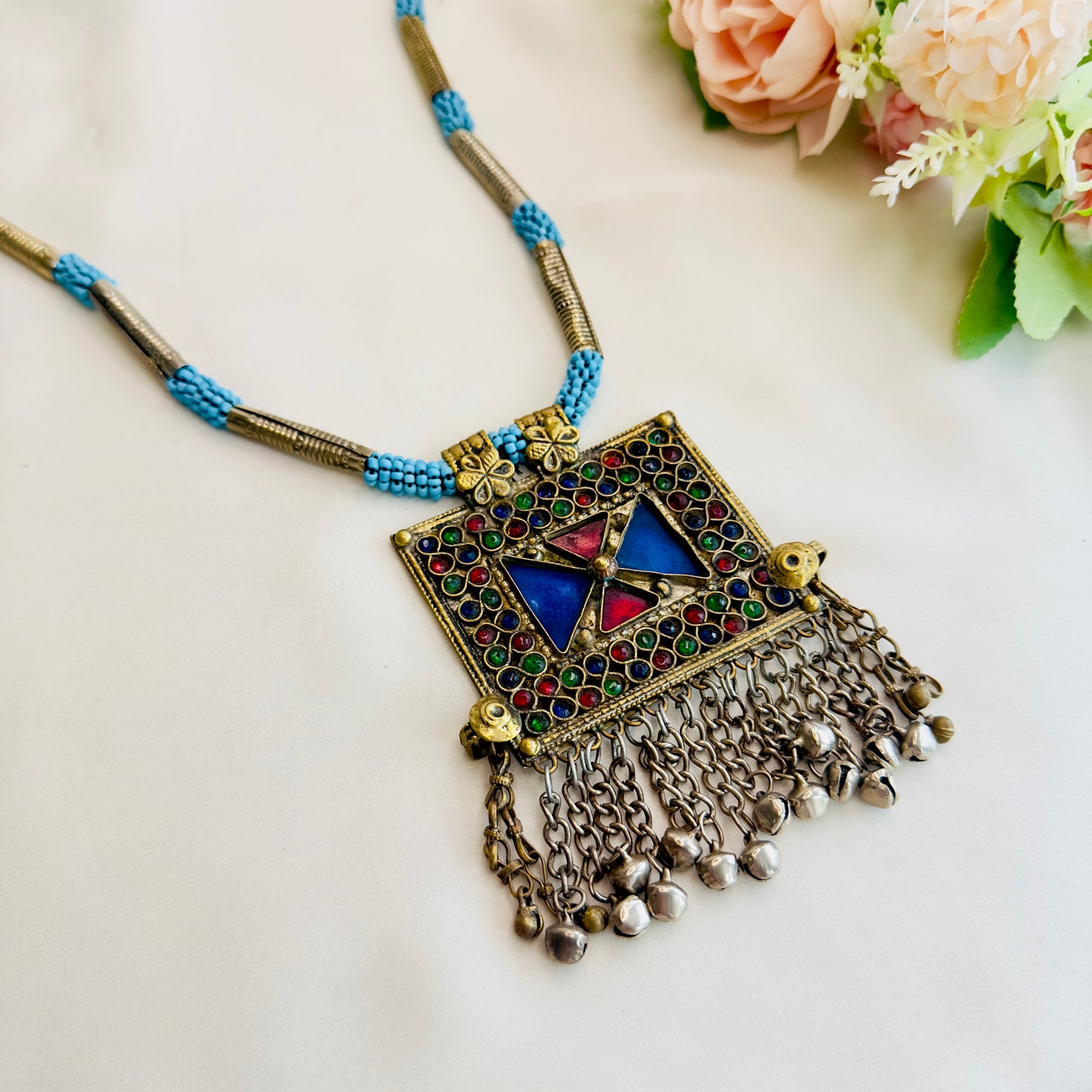 Blue Dual Tone Silver Long Necklace