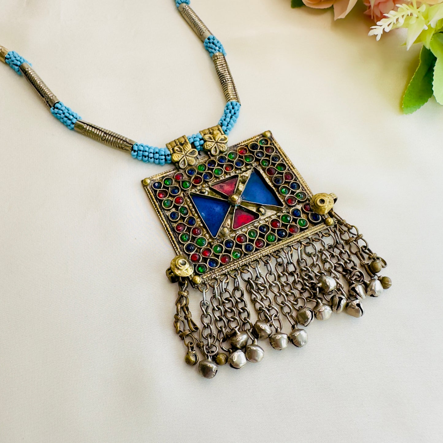 Blue Dual Tone Silver Long Necklace