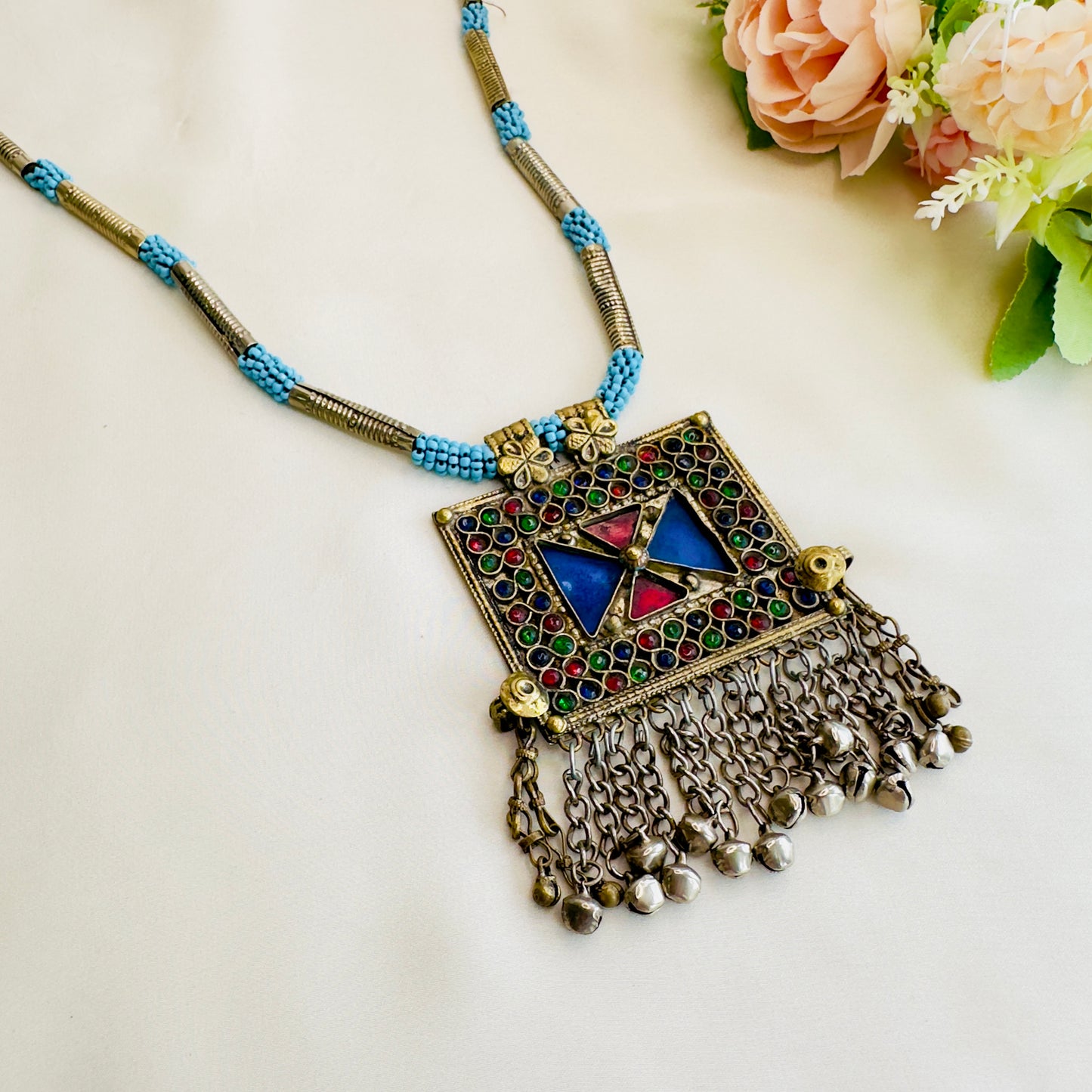 Blue Dual Tone Silver Long Necklace