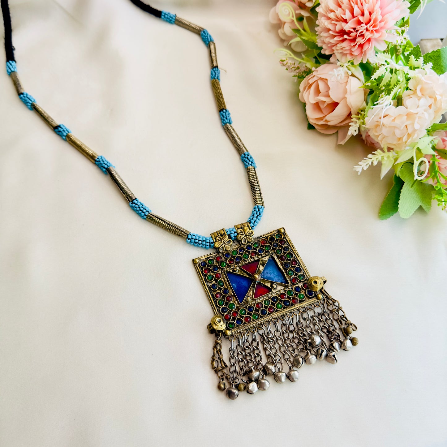 Blue Dual Tone Silver Long Necklace