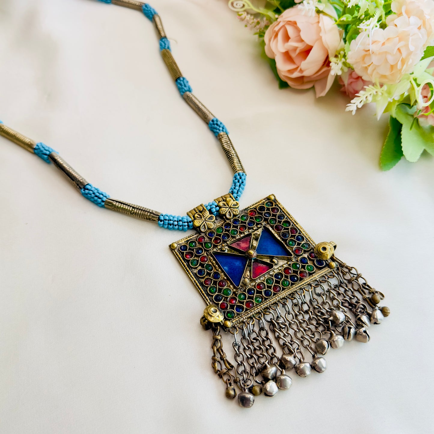 Blue Dual Tone Silver Long Necklace