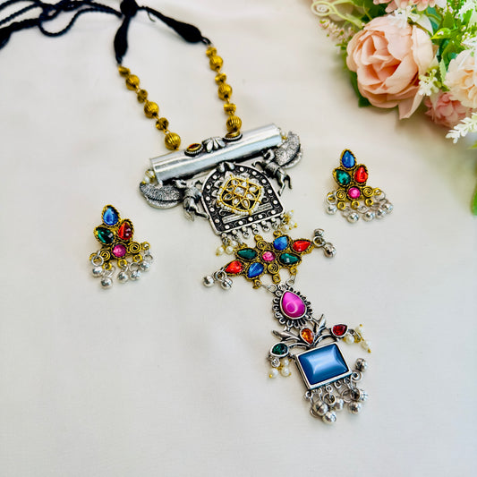 Tie Chain Pattern Multicolor Oxidized Necklace Set