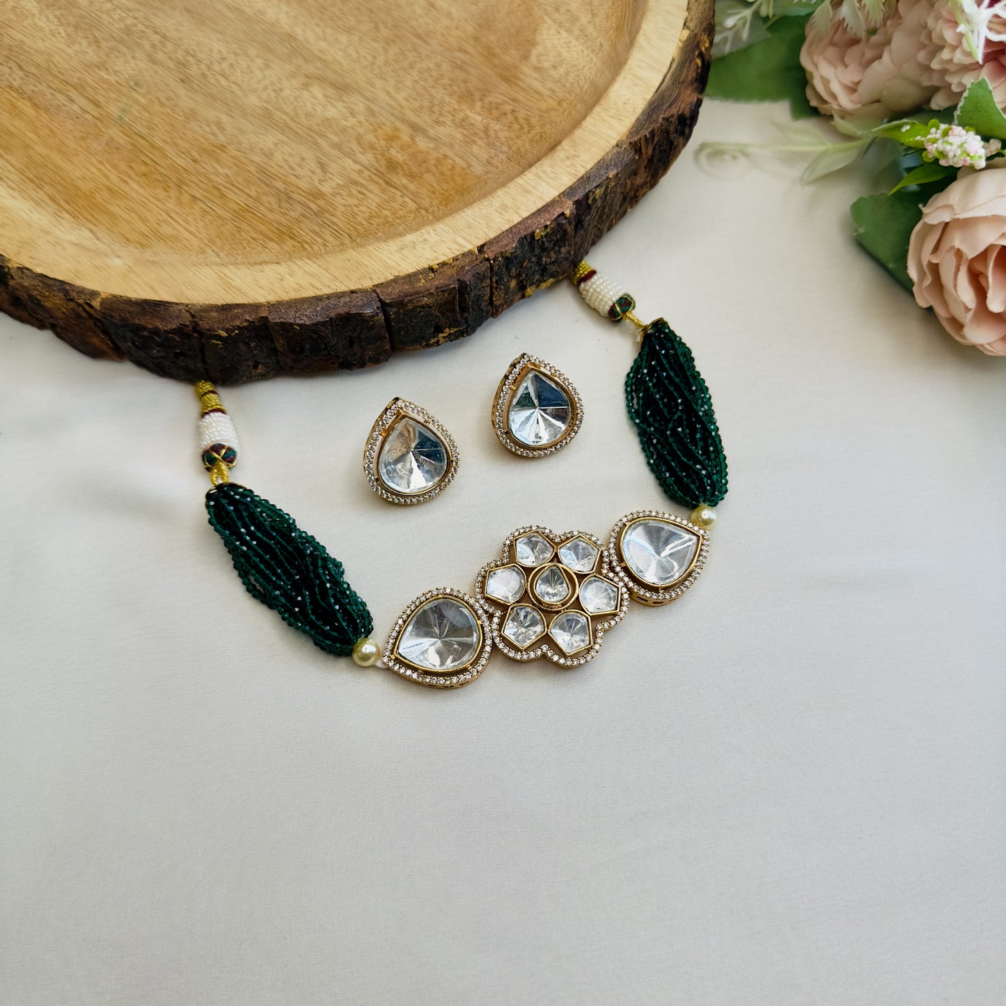 Emerald Polki Chocker Necklace Set